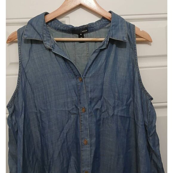 Aqua womens L swing flare shirt dress capsule denim button front pockets blue - Picture 3 of 7
